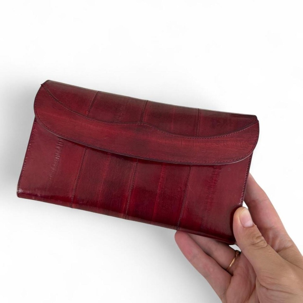 Vintage Burgundy Red Eel Skin Leather Tri-Fold Wallet Clutch Organizer
